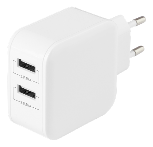 Зарядное устройство DELTACO USB, 2x USB-A 2,4 A, всего 24 Вт, белое