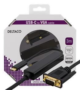DELTACO USB-C - VGA cable, 3m, USB-C, VGA, QWXGA 2048x1152 in 60Hz, DP 1.2 All Mode, black / USBC-1088-K