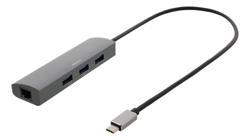 Концентратор DELTACO USB-C и сетевой адаптер, USB-C ha, RJ45 ho, 3xUSB-A 3.0,